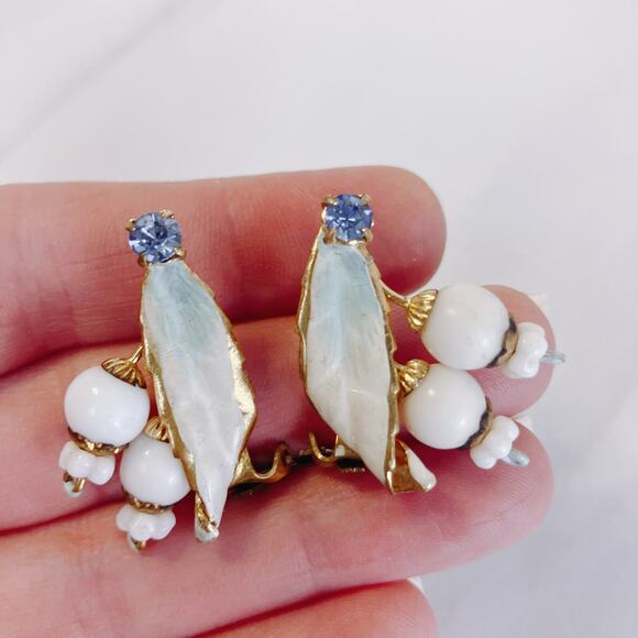 VTG Made In Austria Clip On Earrings White Glass Blue Rhinestone 1950s - Picture 13 of 13